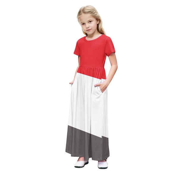 Girls Summer Dress Short Sleeve Maxi Tshirts Dresses with Pockets Cotton Long Dresses Size 4-14 Years (13 Years, Red-Colorblock)