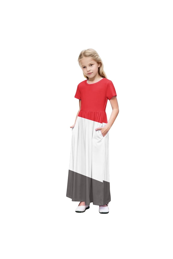 Girls Summer Dress Short Sleeve Maxi Tshirts Dresses with Pockets Cotton Long Dresses Size 4-14 Years (13 Years, Red-Colorblock)