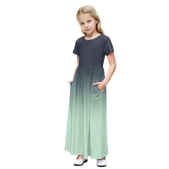 Girls Summer Dress Short Sleeve Maxi Tshirts Dresses with Pockets Cotton Long Dresses Size 4-14 Years (4 Years, Green-Gradient)