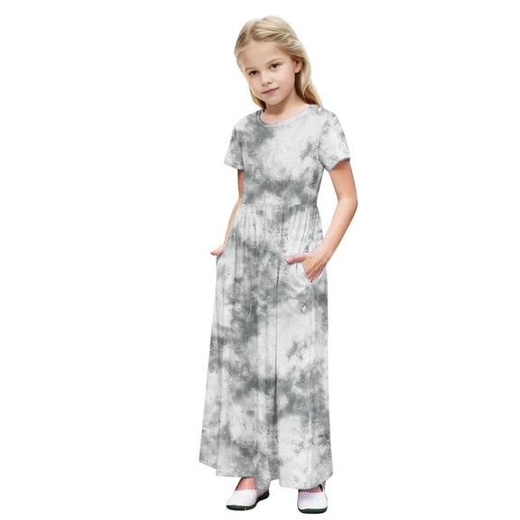 Girls Summer Dress Short Sleeve Maxi Tshirts Dresses with Pockets Cotton Long Dresses Size 4-14 Years (5 Years, Gray-Tie Dye)