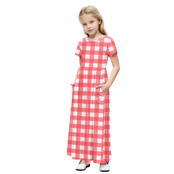 Girls Summer Dress Short Sleeve Maxi Tshirts Dresses with Pockets Cotton Long Dresses Size 4-14 Years (5 Years, Red-Plaid)