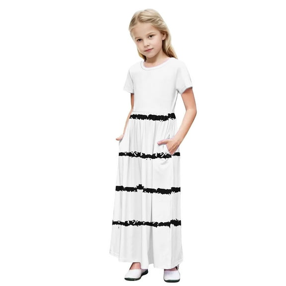 Girls Summer Dress Short Sleeve Maxi Tshirts Dresses with Pockets Cotton Long Dresses Size 4-14 Years (7 Years, White-Stripes)