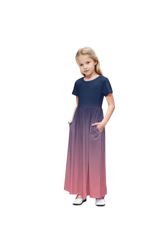 Girls Summer Dress Short Sleeve Maxi Tshirts Dresses with Pockets Cotton Long Dresses Size 4-14 Years (9 Years, Purple-Gradient)