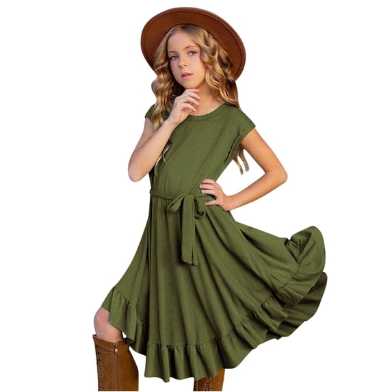 Girls Summer Dress Size 9 Years-10 Years Vintage Dress Solid Short Sleeve Ruffles Swing Retro Rockabilly Dresses 7-12Y Party Dresses Graphic Dress