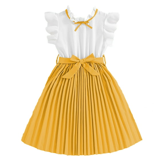 Girls Summer Dress Solid Color Flutter Sleeve Ruffle Hem Knee Length Crew Neck Sleeveless Fashion Playwear Outfit Soft Fabric Comfortable for Toddler Kids Yellow 7 Years-8 Years