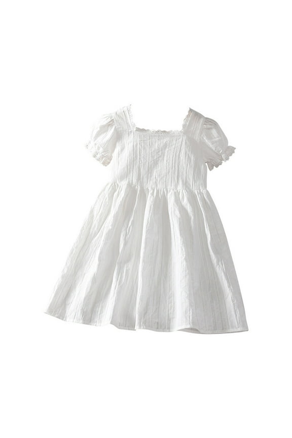Girls Summer Dress Square Neck Puff Sleeve Smocked Princess Layered Skirt Casual Pleated Holiday Sundress
