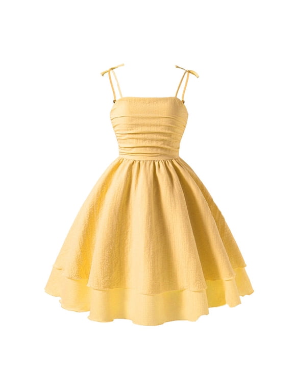 Girls Summer Dress Teen Graduation Dance Vacation Ruched Ruffled Layered Spaghetti Strap Mini Dresses 8-14Y