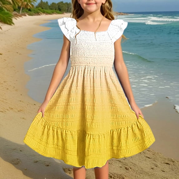 Girls' Summer Dress with Ruffle Sleeves and Smocked Bodice - Flowy, Soft, and Breathable Polyester Casual Dress