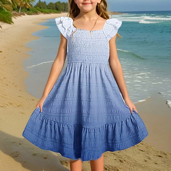 Girls' Summer Dress with Ruffle Sleeves and Smocked Bodice - Flowy, Soft, and Breathable Polyester Casual Dress