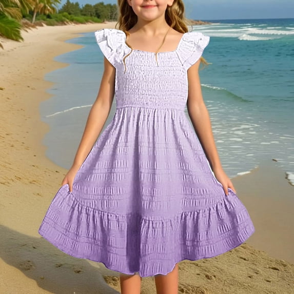 Girls' Summer Dress with Ruffle Sleeves and Smocked Bodice - Flowy, Soft, and Breathable Polyester Casual Dress