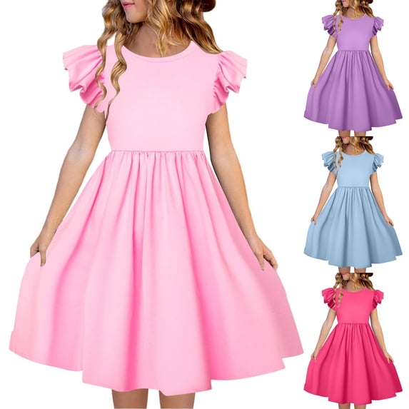 Girls Summer Dresses Children Kids Butterfly Sleeves Crew Neck Dresses Kids Ruffle Sleeve Dress Little Girl Fashion Sundress 3-4 Years Blue