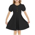 thumbnail image 1 of Girls Summer Dresses Crewneck Puff Sleeve Midi Dress Loose Fit Flowing A Line Dress with Button Decoration 5-15 Years, 1 of 5