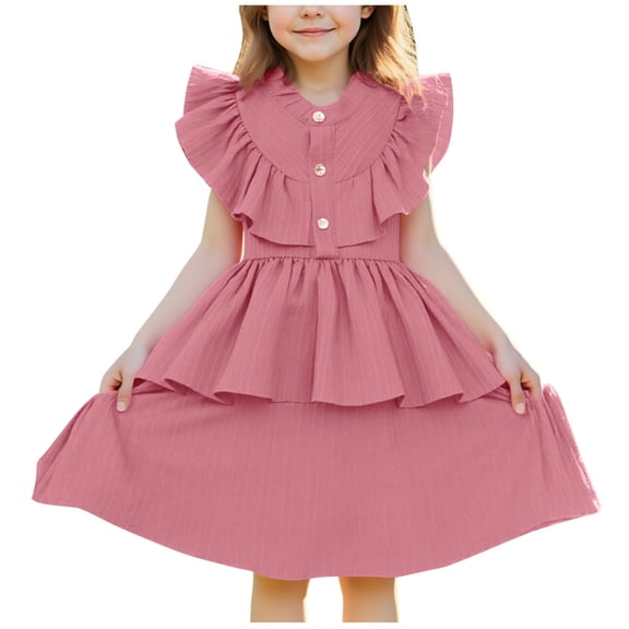 Girls Summer Dresses Cute Fly Sleeve Crewneck Casual A Line Party Dress Kids Clothes Girls Size 2-7