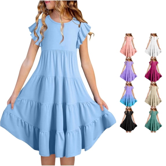Girls Summer Dresses Double Layer Flutter Sleeve Flowy A Line Dress Casual Gradient Midi Dresses Young Girl Fashion Dresses