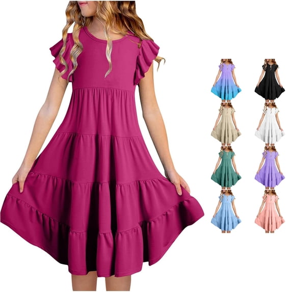 Girls Summer Dresses Double Layer Flutter Sleeve Flowy A Line Dress Casual Gradient Midi Dresses Young Girl Fashion Dresses