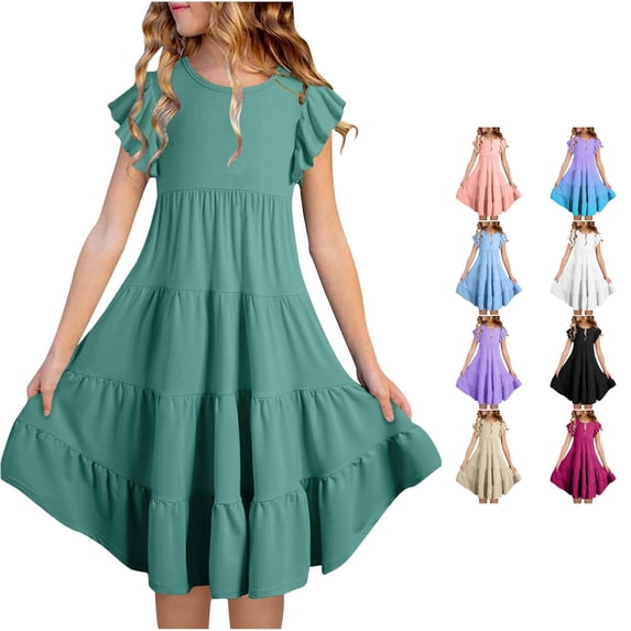Girls Summer Dresses Double Layer Flutter Sleeve Flowy A Line Dress Casual Gradient Midi Dresses Young Girl Fashion Dresses