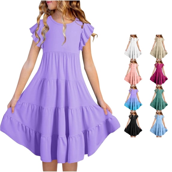 Girls Summer Dresses Double Layer Flutter Sleeve Flowy A Line Dress Casual Gradient Midi Dresses Young Girl Fashion Dresses