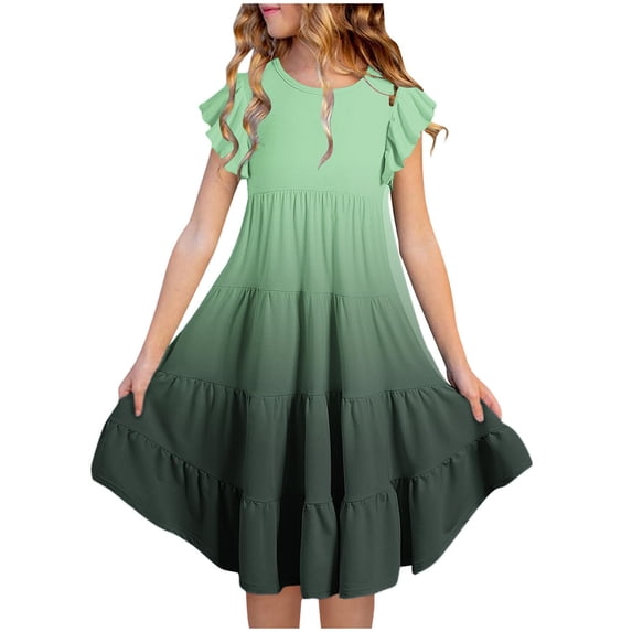 Girls Summer Dresses Double Layer Flutter Sleeve Flowy A-Line Sundress Casual Gradient Midi Dresses for 6-15 Years Lightning Deals of Today Prime Clearance