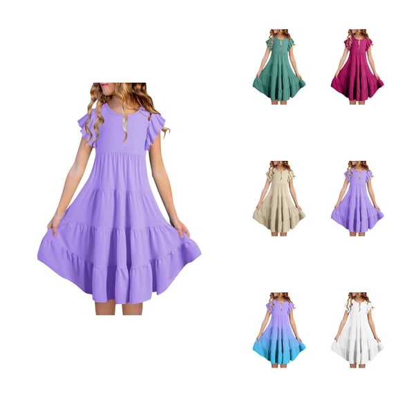 Girls Summer Dresses, Double Layer Flutter Sleeve Flowy A-Line Sundress with Gradient Print, Casual Midi Dress for 6-15 Years
