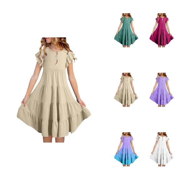 Girls Summer Dresses, Double Layer Flutter Sleeve Flowy A-Line Sundress with Gradient Print, Casual Midi Dress for 6-15 Years
