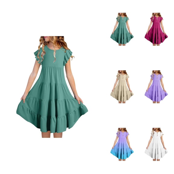 Girls Summer Dresses, Double Layer Flutter Sleeve Flowy A-Line Sundress with Gradient Print, Casual Midi Dress for 6-15 Years