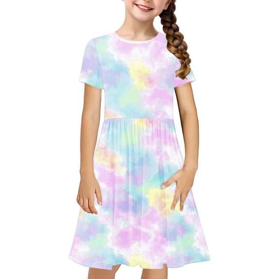 Girls Summer Dresses Loose Casual Tshirt Dress Short Sleeve A-Line Flowy Sundress Gradient Print Stretchy Dress Girl Dress Multicolor 9Y