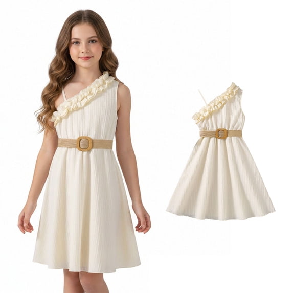 Girls Summer Dresses One Shoulder Ruffled Girls Casual Dresses with Belt Girls A Line Beach Dresses for Kids 6-7 Years
