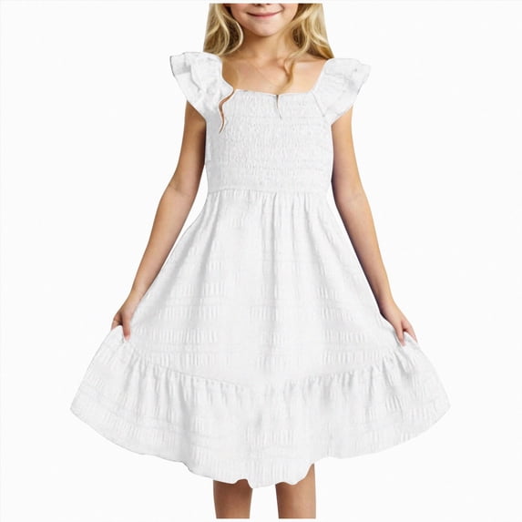 Girls Summer Dresses Ruffle Flutter Sleeve Square Neck Ruffle Beach Teen