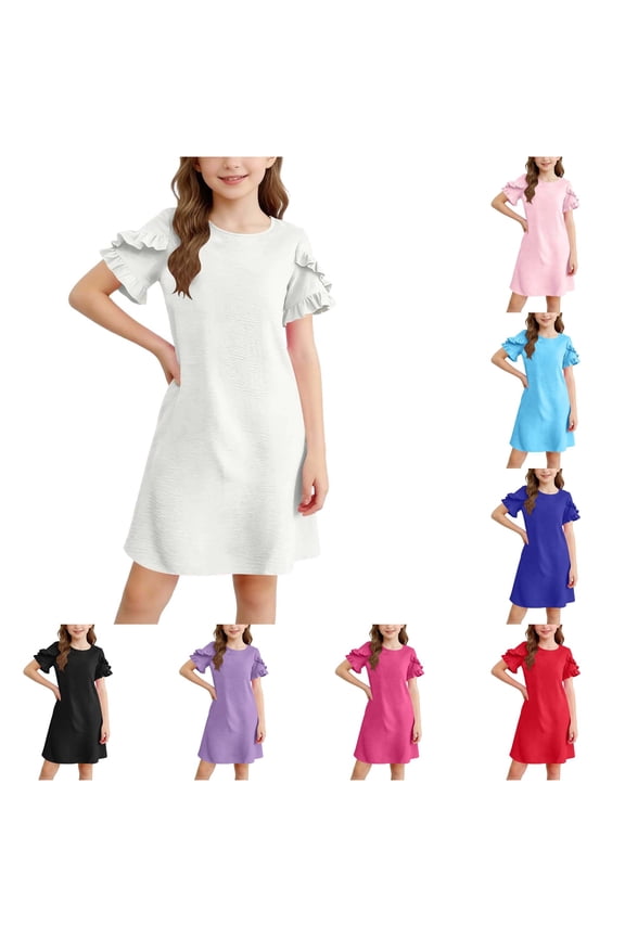 Girls Summer Dresses Short Sleeve Casual Round Neck Straight Beach Dress with Ruffle Concert Dress for Girls Little Girl Dress Size 6 Dresses Father Daughter Dresses for Girls 12 Month Dress