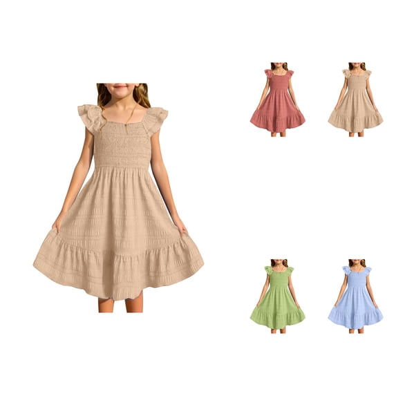 Girls Summer Dresses Smocked Sleeveless A-Line with Flutter Sleeves, Swing Mini Casual Party Dress for Ages 3-14 Years
