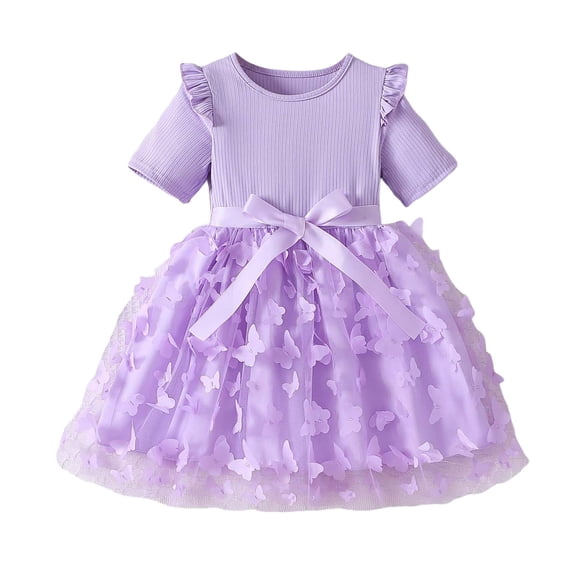 Girls Summer Dresses Tween Kids Flying 1/4 Sleeve Bow Knot Floral Printed Mesh Layered Tulle Princess Casual Party Girl Tulle Dress for Kids 12-18 M