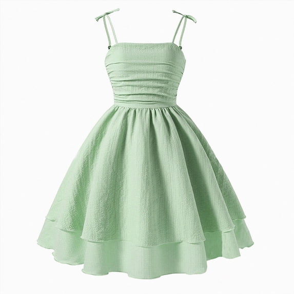 Girls Summer Dresses with Spaghetti Straps Ruffle Ruched Double Layered A Line Girl Dresses