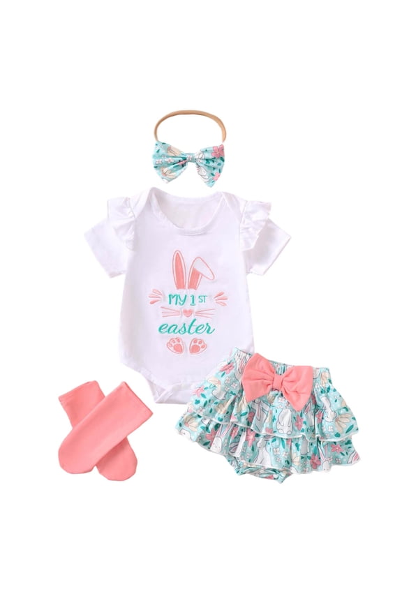 Girls' Summer Easter Series Embroidered Romper Floral Dress Hairband Socks 4 Piece Set Green 3M-6M