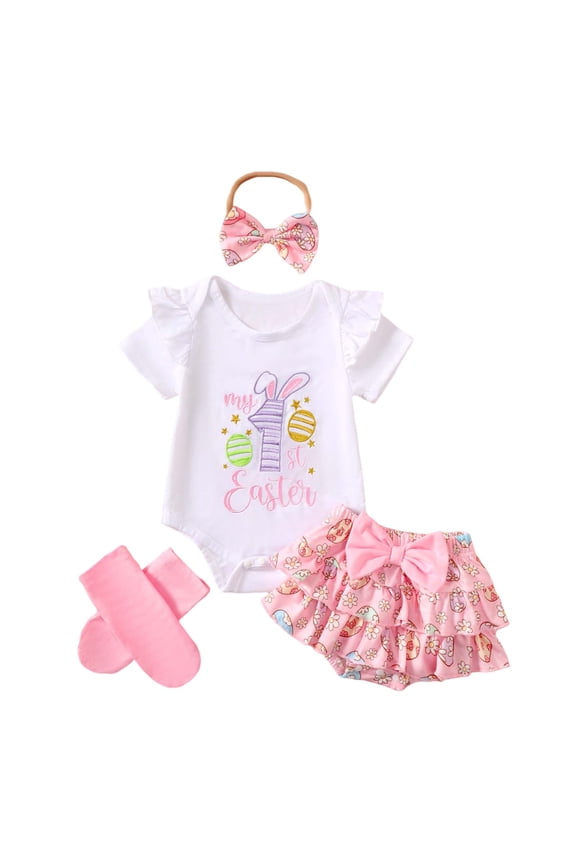 Girls' Summer Easter Series Embroidered Romper Floral Dress Hairband Socks 4 Piece Set Pink 6M-12M