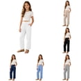 thumbnail image 1 of Girls Summer Elastic Waist Long Pants Casual Solid Trousers for Kids Breathable Lightweight Everyday Wear7 15Years Girls Striped Leggings Young Girls Clothes Girl Leggings Softball Youth Pants Girl, 1 of 9
