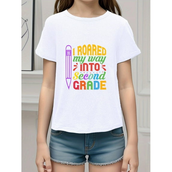 Girls' Summer Fashion Casual Cartoon Pencil & I Roared My Way Into Second Grade Letter Printed T-Shirt, Short Sleeve Round Neck Top With Trendy Graphic Design