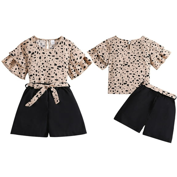 Girls Summer Fashion Short Ruffle Sleeve Suit Set Leopard Print Style Shorts Lace-up 2 Pcs Clothing Set