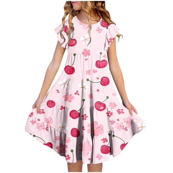 Girls Summer Floral Dresses Ruffle Sleeve Cute Tiered Dress Casual Aline Going Out Dress ( Red, 8-9 Years )