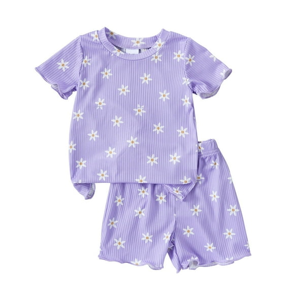 Girls Summer Floral Fruit Print Round Neck Short Sleeve Shorts Set
