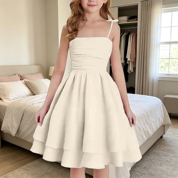 Girls Summer Floral Print Dresses Flowy Sleeveless V Neck Bow Shoulder Ruched Waist Casual Play Sundress Beige 8-9 Years