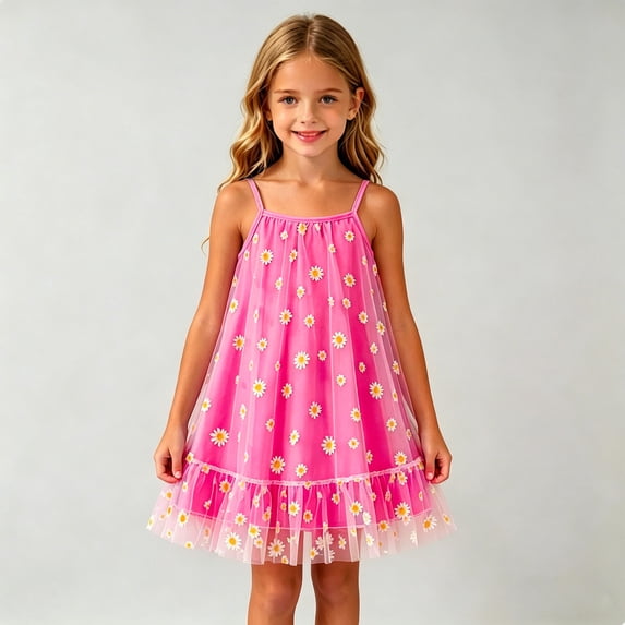 Girls Summer Floral Print Dresses Flowy Sleeveless V Neck Bow Shoulder Ruched Waist Casual Play Sundress Hot Pink 3-4 Years
