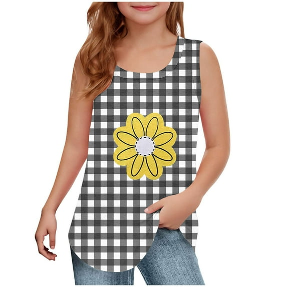 Girls Summer Floral Tank Tops Curved Hem Sleeveless Square Neck T-Shirts Plaid Graphic Tees Loose Fit Shirt Black, 7-8 Years