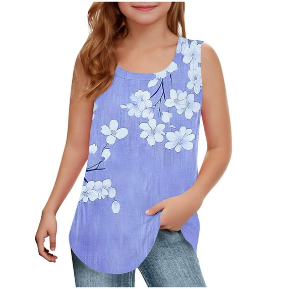 Girls Summer Floral Tank Tops Curved Hem Sleeveless Square Neck T-Shirts Vinatge Casual Graphic Tees Loose Fit Shirt Blue, 11-12 Years