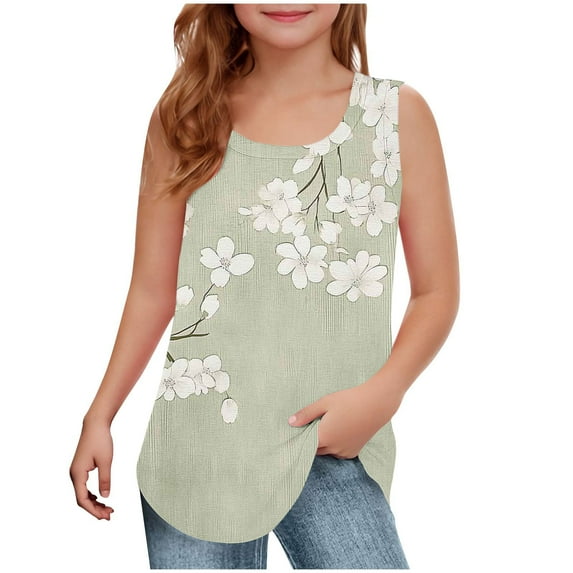 Girls Summer Floral Tank Tops Curved Hem Sleeveless Square Neck T-Shirts Vinatge Casual Graphic Tees Loose Fit Shirt Green, 9-10 Years