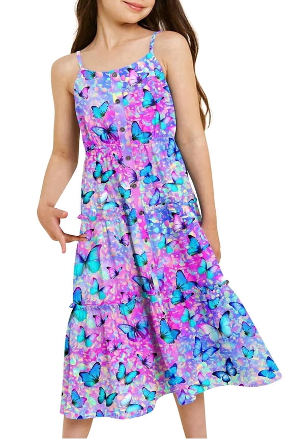 Girls Summer Flowy Dress Spaghetti Straps Sleeveless A Line Printed Casual Sundress 6-12Y