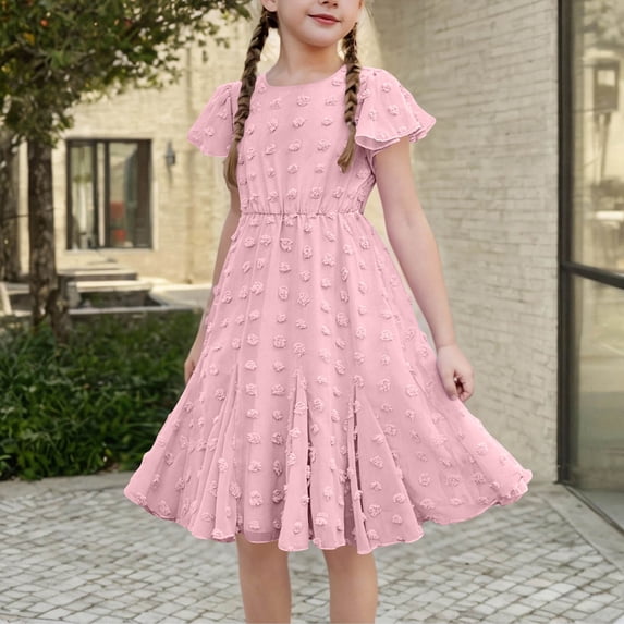 Girls Summer Flowy Swiss Dot Dress Boho Trendy Flutter Short Sleeve Casual A-Line Loose Swing Party Dresses