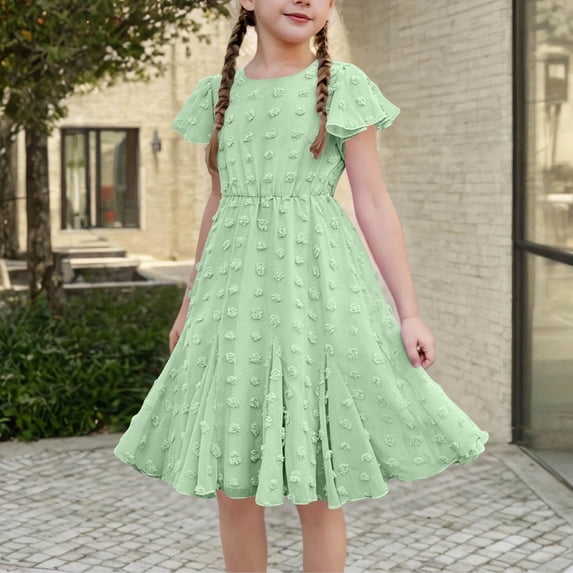 Girls Summer Flowy Swiss Dot Dress Boho Trendy Flutter Short Sleeve Casual A-Line Loose Swing Party Dresses
