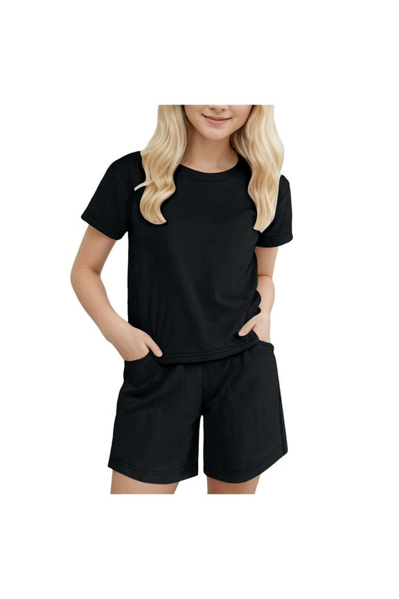 Girls Summer Gradient Print Short Sleeve Top and Shorts Set Cute Round Neck Pocket Casual Outfit for Teens and Juniors Girls Summer Outfits 5T