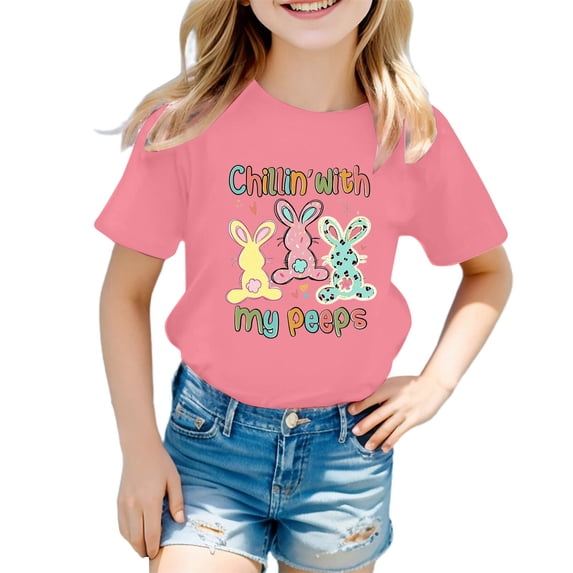 Girls Summer Graphic Tee Cute Easter Printed Short Sleeve T-Shirt for Kids Casual Comfortable Top Size:5-6 Years