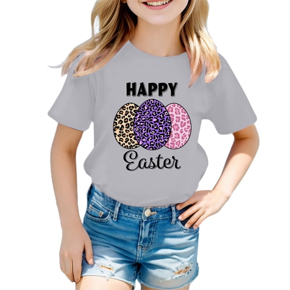 Girls Summer Graphic Tee Cute Easter Printed Short Sleeve T-Shirt for Kids Casual Comfortable Top Size:5-6 Years